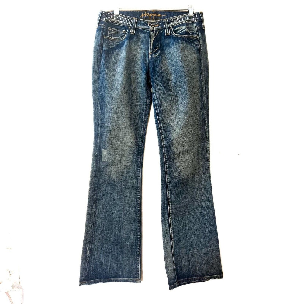 HIPPIE Bootcut Low Rise Y2K Rhinestone Distressed Jeans Trendy Unique Women's 29